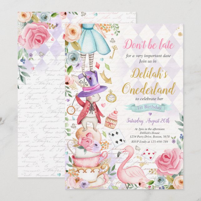 Convites Alice No OneDerland Birthday Whimsical Tea Party (Frente/Verso)