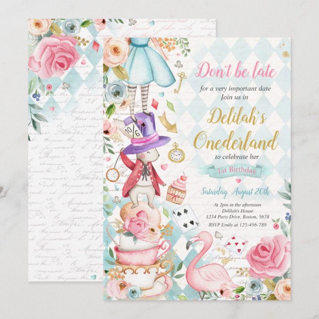 Convites Alice No OneDerland Birthday Whimsical Tea Party (Frente/Verso)