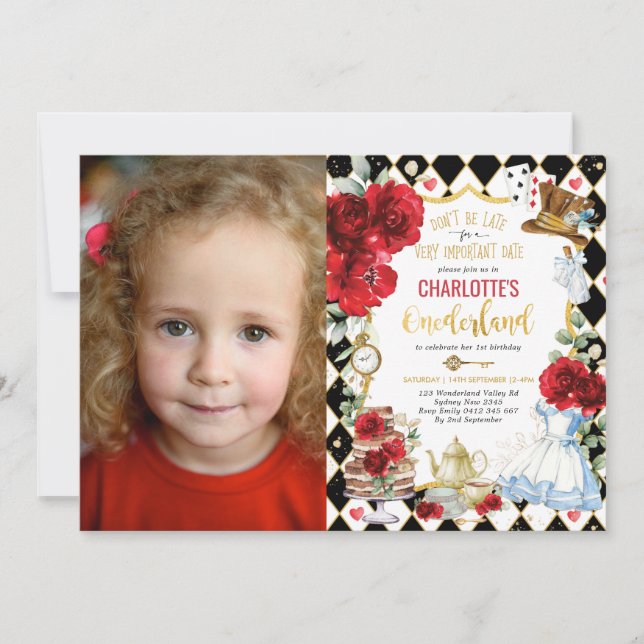 Convites Alice no Onederland Mad Hatter Tea (Frente)