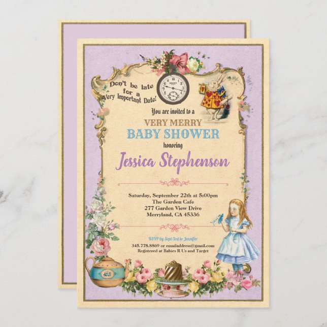 Convites Alice no País das Maravilhas, chá de fraldas de co (Frente/Verso)