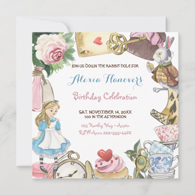 Convites Alice no País das Maravilhas Coelho Pintado com Aq (Frente)