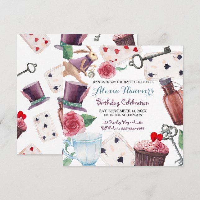 Convites Alice no País das Maravilhas Coelho Pintado com Aq (Frente/Verso)