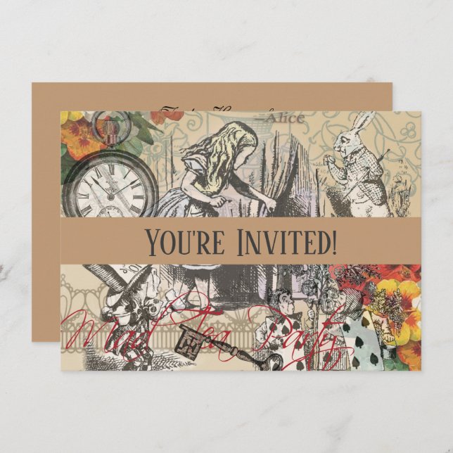 Convites Alice no País das Maravilhas Cortina Arte Clássica (Frente/Verso)