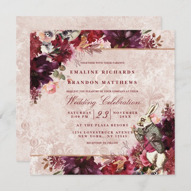 Convites Alice no País das Maravilhas da Praça do Casamento (Frente/Verso)