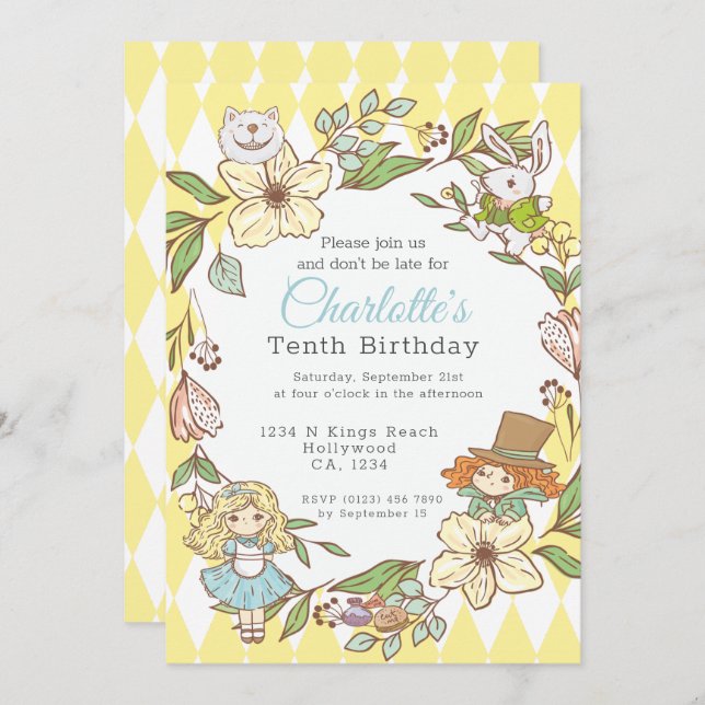 Convites Alice no País das Maravilhas do Partido Personaliz (Frente/Verso)