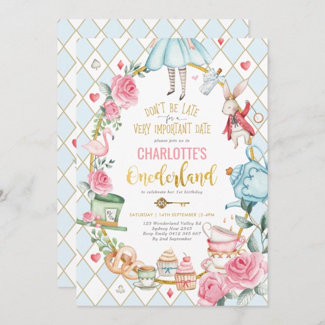 Convites Alice no País das Maravilhas, primeiro aniversario (Frente/Verso)