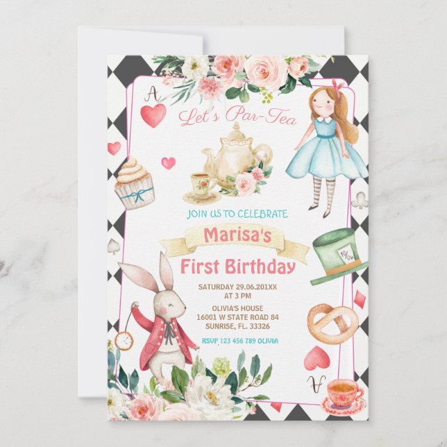 Convites Alice Par-tea Floral Tea Birthday Girl  (Frente)