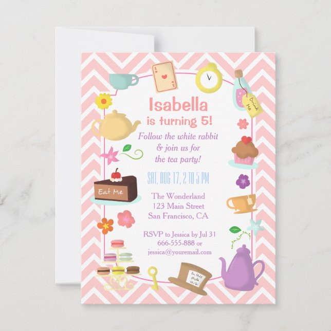 Convites Alice Pink Chevron no Partido do Chá em Wonderland (Frente)