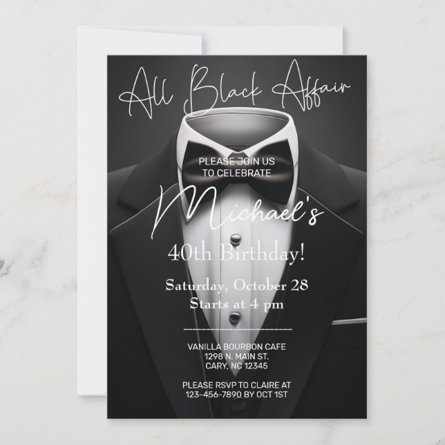 Convites All Black Affair adult man birthday invitation. (Frente)