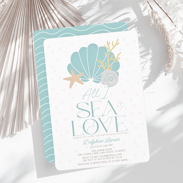 Convites All I Sea is Love Blue Seashell Bridal Shower (Criador carregado)