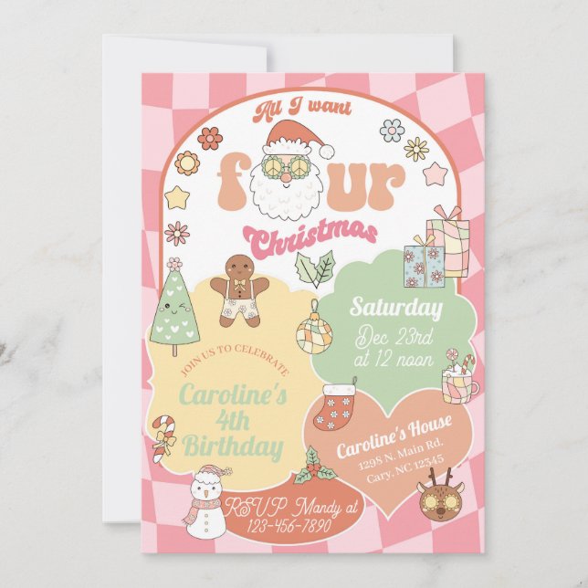 Convites All I want four Christmas girl 4th birthday. (Frente)