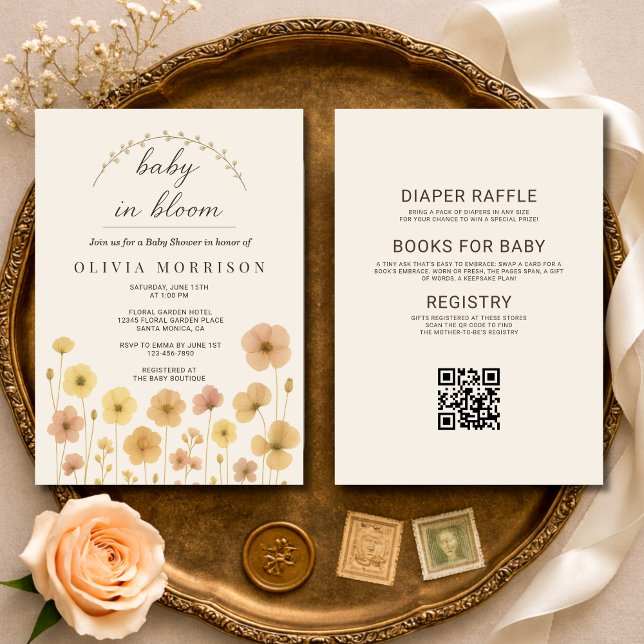 Convites All in One Baby In Bloom Boho QR Code Baby Shower  (Criador carregado)