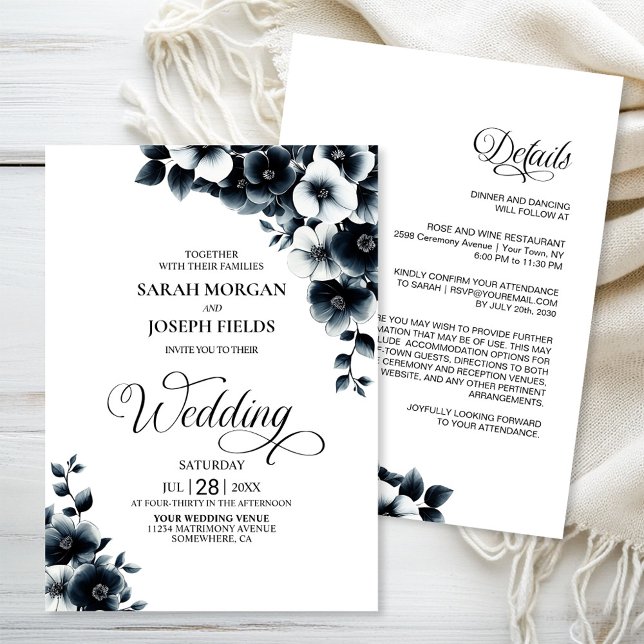 Convites All in One Black White Floral Wedding (Criador carregado)