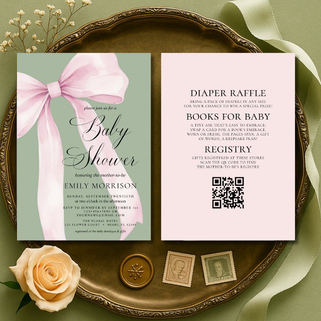 Convites All in One Blush Pink Bow Sage Green Baby Shower (Criador carregado)