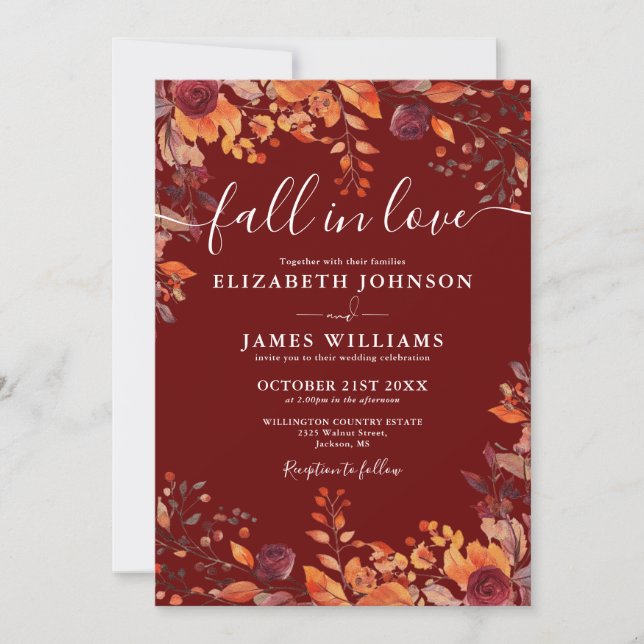 Convites All In One Burgundy Fall In Love QR Code Wedding (Frente)