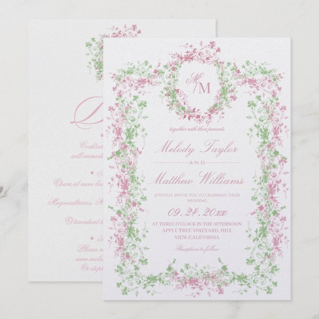 Convites All in One Delicate Blush and Sage Ornate Wedding (Frente/Verso)