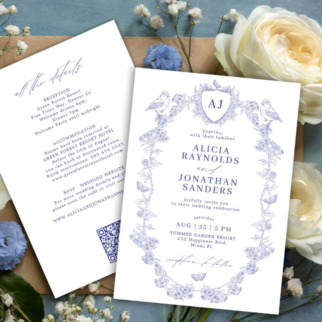 Convites All in one dusty blue French floral wedding (Criador carregado)