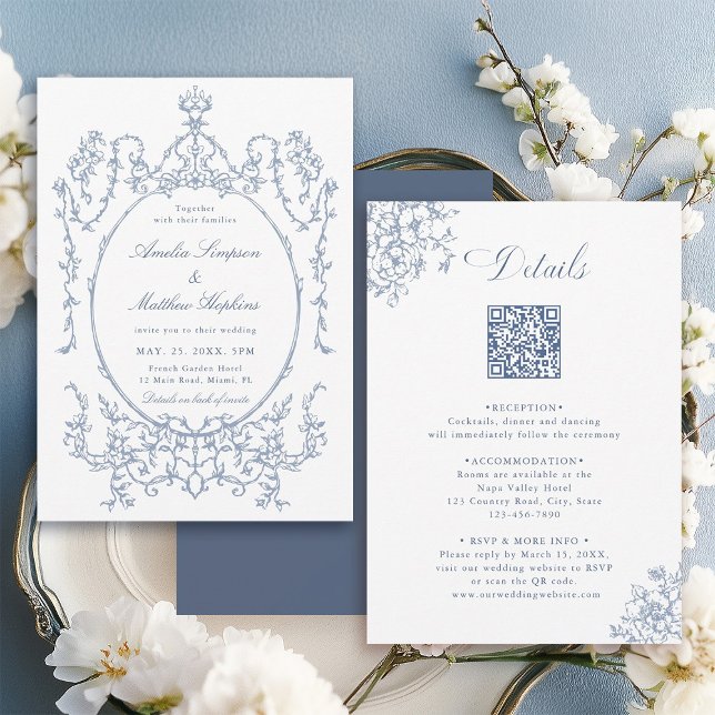 Convites All in One Floral Frame Blue Wedding               (Front & Back)