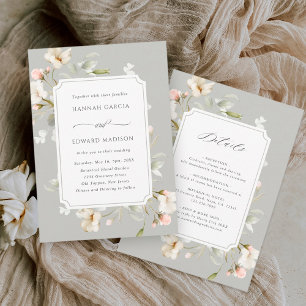 Convites All In One Gray Sage White Elegant Floral Wedding