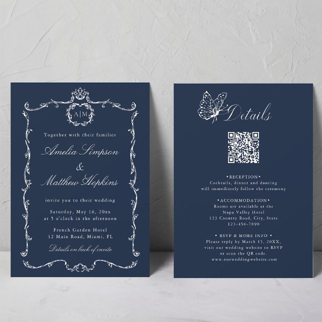 Convites All in One Modern Classic French Wedding Navy Blue (Front & Back)