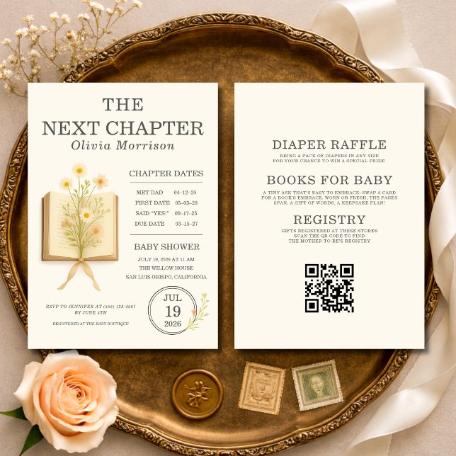 Convites All in One Next Chapter Begins QR Code Baby Shower (Criador carregado)