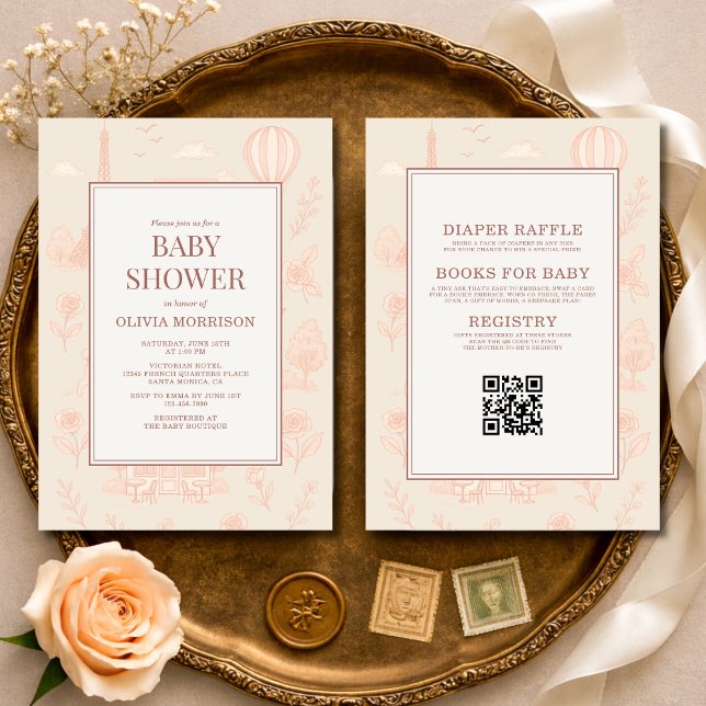 Convites All in One Paris French Toile QR Code Baby Shower (Criador carregado)