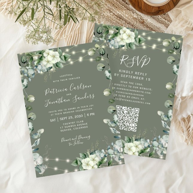 Convites All in one rustic lights RSVP sage green wedding (Criador carregado)