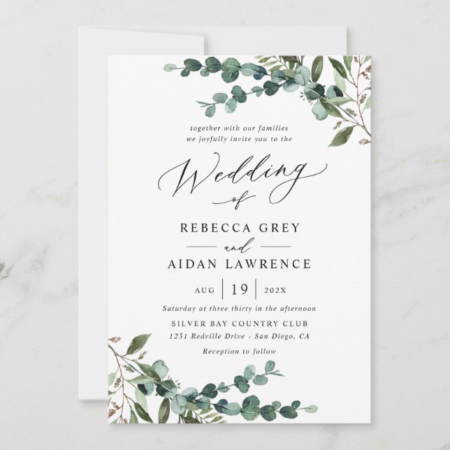 Convites All-In-One Rustic Watercolor Greenery QR Wedding (Frente)