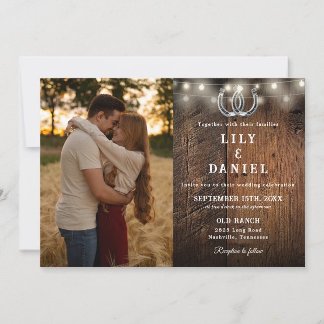 Convites All In One Rustic Wood String Lights Wedding Photo (Frente)