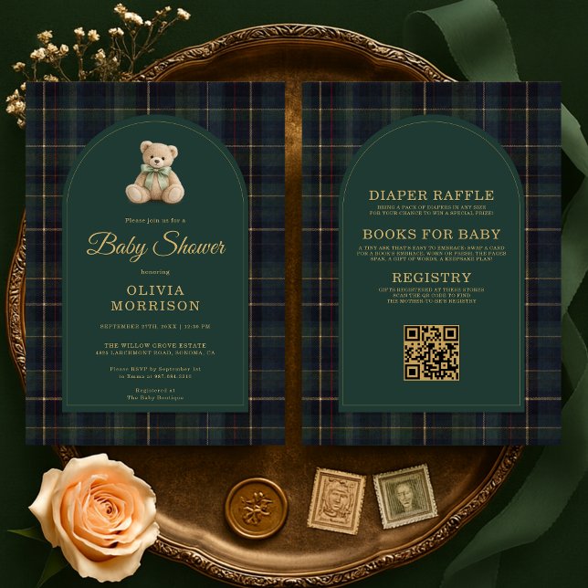 Convites All in One Teddy Bear Plaid Green Baby Shower (Criador carregado)
