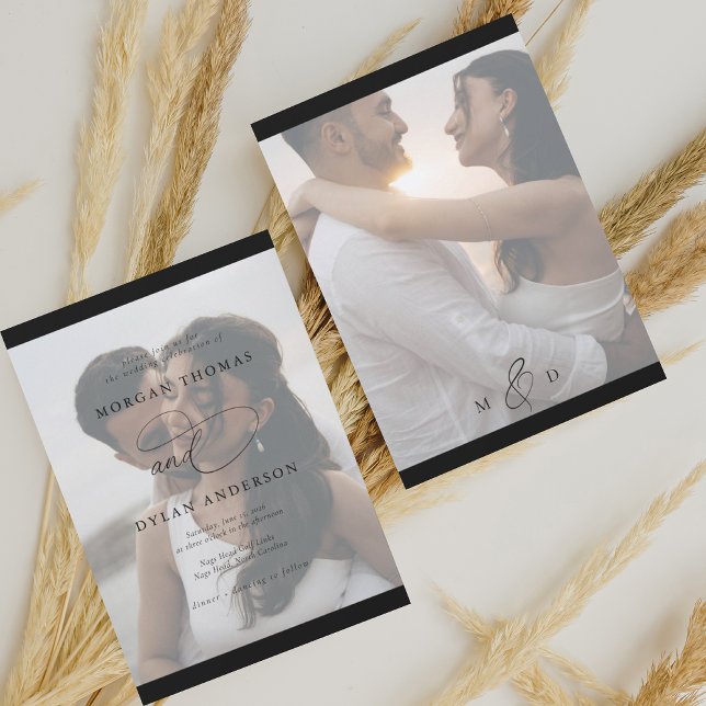 Convites Allure Calliografia Foto de Casamento Preto e Bran (Criador carregado)