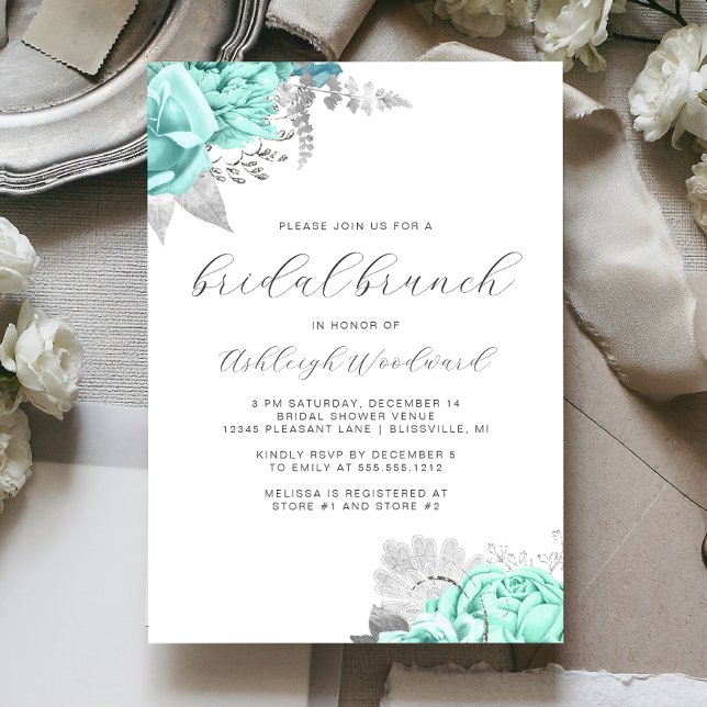 Convites Almoço Bridal Script Floral Aqua Prata (Criador carregado)