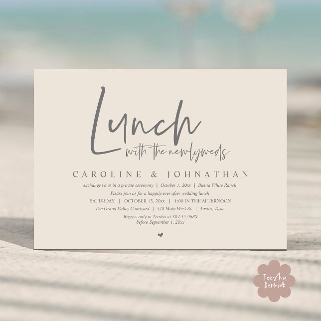 Convites Almoço com os recém-casados, feliz para sempre (Lunch with the Newlyweds, Happily Ever After Modern Minimalist Invitation Card PDF Cream Grey)