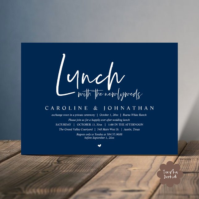 Convites Almoço com os recém-casados, feliz para sempre (Lunch with the Newlyweds, Happily Ever After Modern Minimalist Invitation Card PDF Navy Blue)