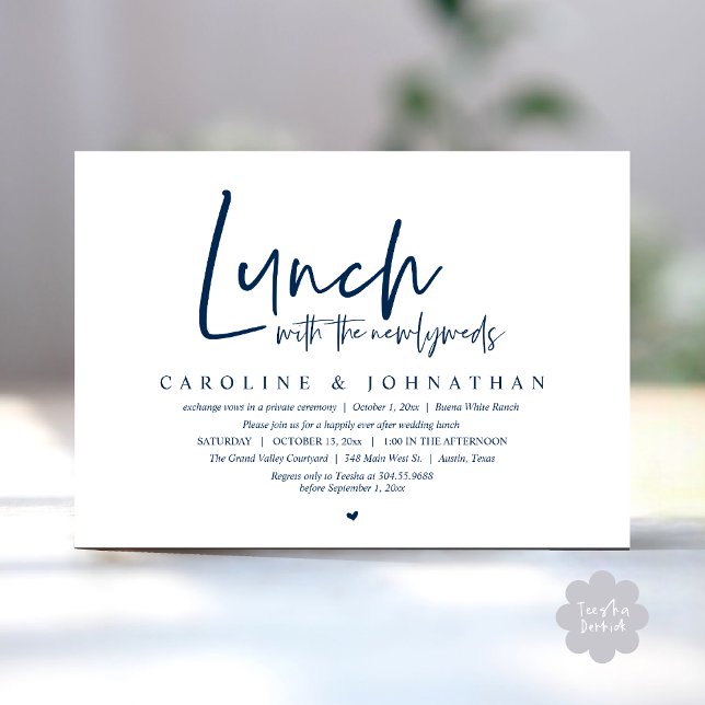 Convites Almoço com os recém-casados, feliz para sempre (Lunch with the Newlyweds, Happily Ever After Modern Minimalist Invitation Card PDF Navy Blue)