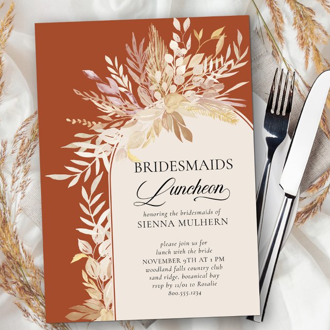Convites Almoço das Damas de Honra com Arco Botânico de Ter (Bridesmaids Luncheon invite in terracotta with modern wedding arch framed with neutral fall leaves)