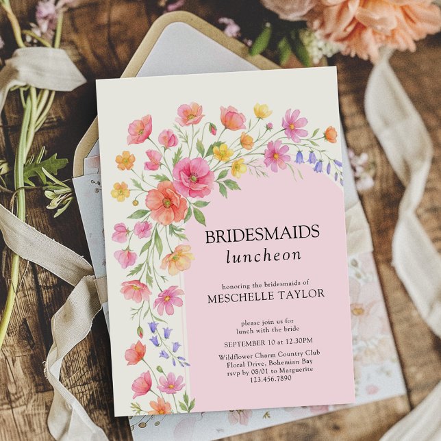 Convites Almoço das Damas de Honra com Arco Floral Laranja  (Bridesmaids Luncheon invitation from the Wildflower Bloom wedding collection by Darling & May)