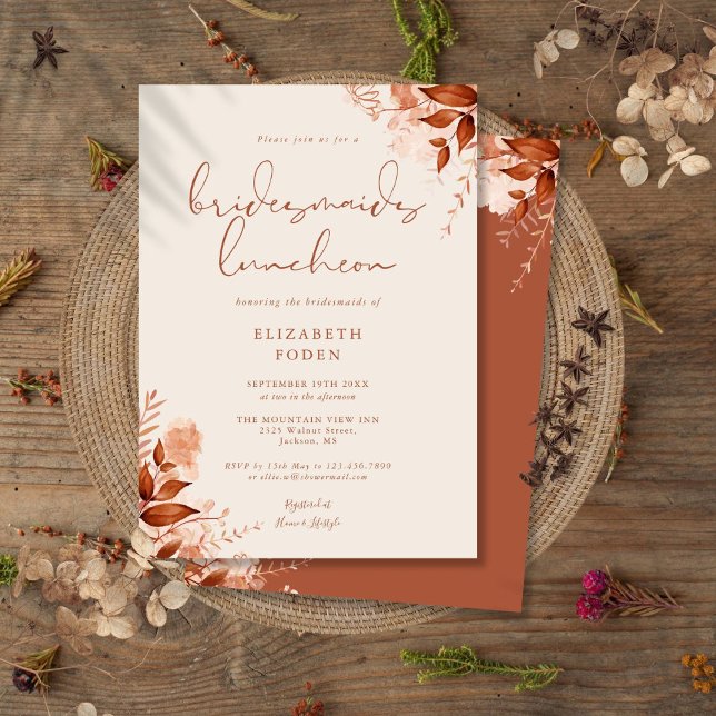 Convites Almoço das Damas de Honra Floral Rústico de Outono (Autumn Fall Rustic Floral Bridesmaids Luncheon Invitation)