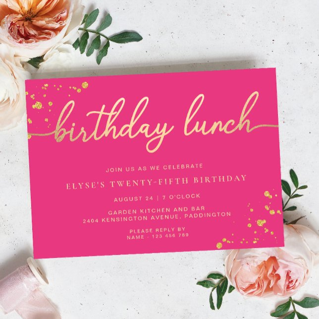 Convites Almoço de aniversário Dourado rosa quente (Birthday Lunch Invitation Paintly Hot Pink Gold )