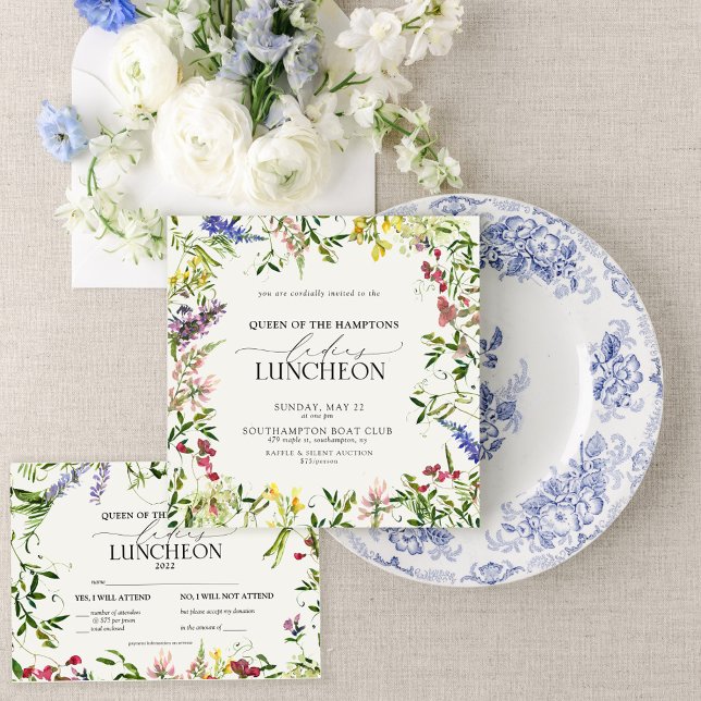 Convites Almoço de Caridade Elegante Aquarela Flor Silvestr (Classic florals for gatherings that bring women together.)