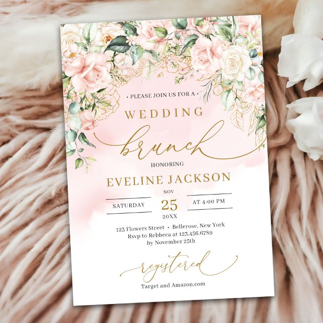 Convites Almoço de casamento de rosas rosa pastel-rosa-esgu (Ethereal pale pink roses sage greenery and gold wedding brunch invitation)