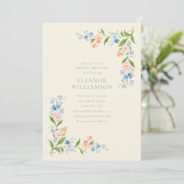 Convites Almoço de Chá de Noiva Floral em Aquarela Azul Pas (Em pé/Frente)