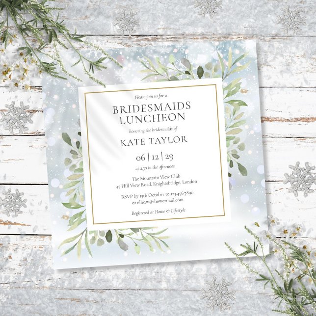 Convites Almoço de Damas de Honor Folhagens de Inverno Quad (Winter Greenery Bridesmaids Luncheon Square Invitation)