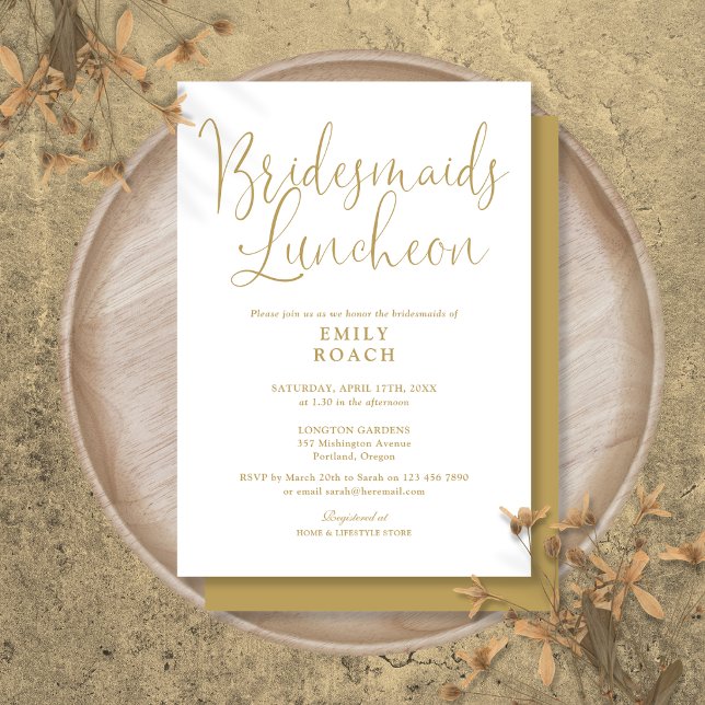 Convites Almoço de Damas de Honra com Elegância Chic em Let (Chic Elegant Gold Script Bridesmaids Luncheon Invitation)