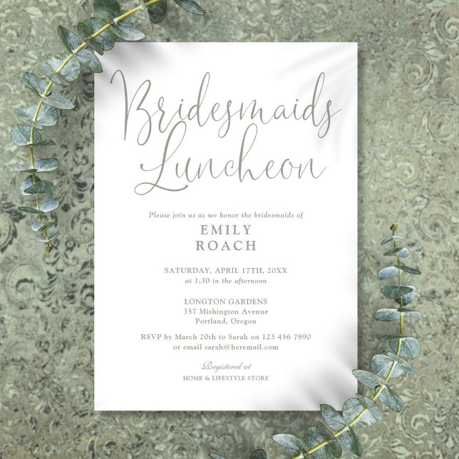 Convites Almoço de damas de honra em verde sage elegante e  (Sage Green Elegant Script Bridesmaids Luncheon Invitation)
