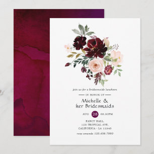 Convites Almoço de Damas de Honra Floral Borgonha e Rosa