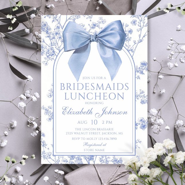 Convites Almoço de Damas de Honra Floral com Laço Azul Vint (Vintage Blue Bow Floral Bridesmaids Luncheon Invitation)