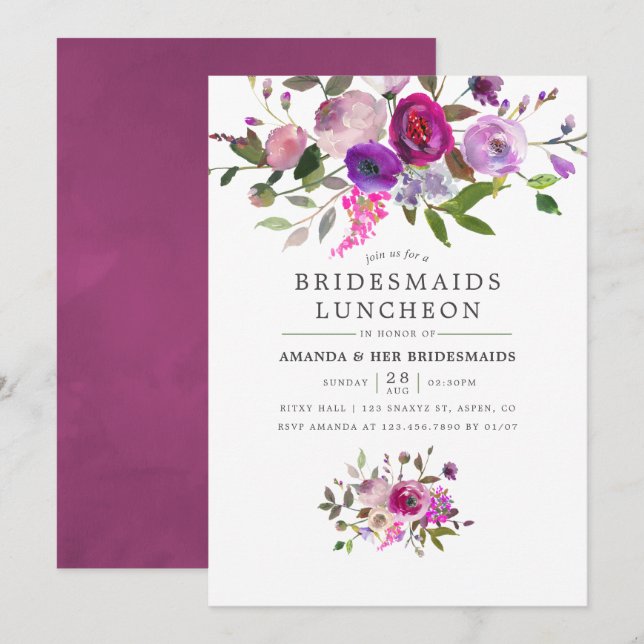Convites Almoço de Damas de Honra Floral em Aquarela na Mod (Frente/Verso)