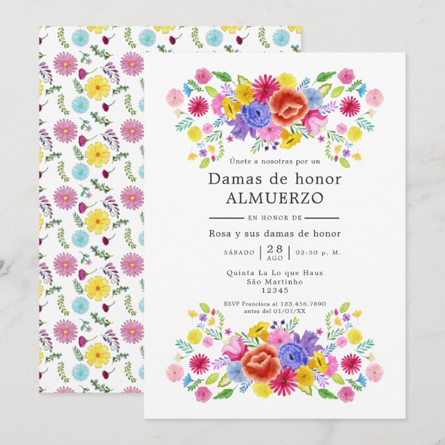 Convites Almoço de Damas de Honra Floral Fiesta Espanhola (Frente/Verso)