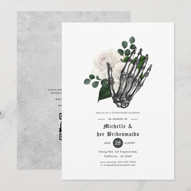 Convites Almoço de Damas de Honra Floral Gótico Branco (Frente/Verso)